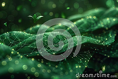 Digital green leaves with glowing network connections. Technology, digital art, environmental design,. AI Generated Stock Photo