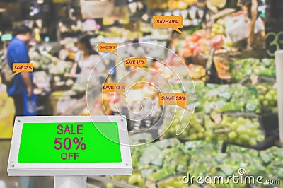 Digital Green Screen Mockup Show Discounted Promotional Offers, In supermarkets of department stores. Stock Photo