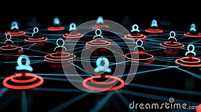 Digital grid with red and blue holographic user connections symbolizing virtual networks, global communication, and AI driven t Cartoon Illustration