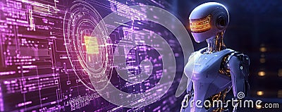 Digital Guardian Robot Protecting Data Streams with Holographic Cybersecurity Visuals Stock Photo