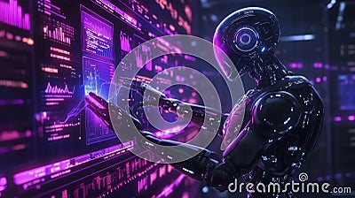 Digital Guardian Robot Protecting Data Streams with Holographic Cybersecurity Visuals Stock Photo