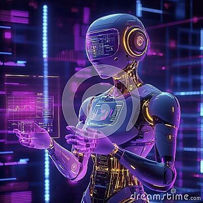 Digital Guardian Robot Protecting Data Streams with Holographic Cybersecurity Visuals Stock Photo
