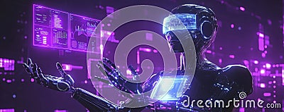Digital Guardian Robot Protecting Data Streams with Holographic Cybersecurity Visuals Stock Photo