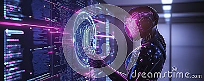 Digital Guardian Robot Protecting Data Streams with Holographic Cybersecurity Visuals Stock Photo