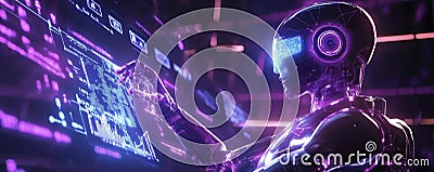 Digital Guardian Robot Protecting Data Streams with Holographic Cybersecurity Visuals Stock Photo