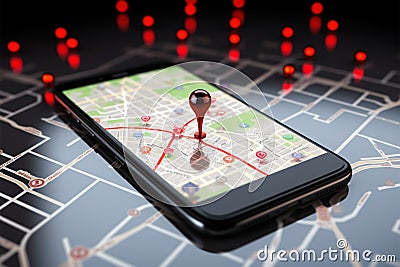 Digital guidance. Map with red pointers outlines route on smartphone Stock Photo