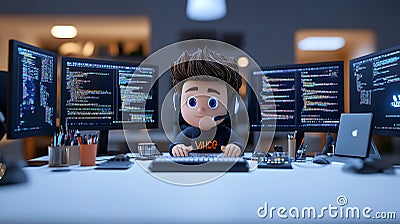 Digital Hacker Character in a Dark Room with Coding Screens Stock Photo
