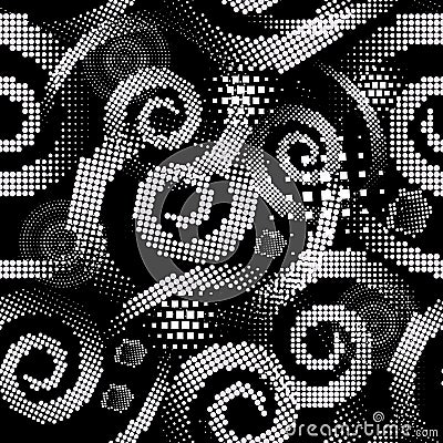 Digital halftone spirals vector seamless pattern. Dotted spiral lines abstract geometric background. Repeat backdrop Vector Illustration