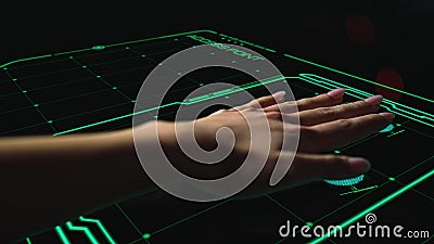 Digital hand biometrics access connection verifying palm personality closeup Stock Photo