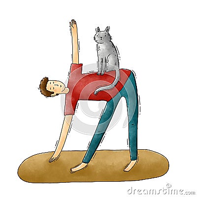 Yoga man with a cat Cartoon Illustration