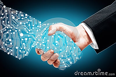 Digital handshake on blue background Stock Photo