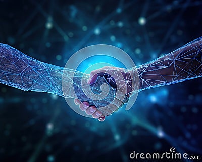 Digital handshake on blue technology background. Cartoon Illustration