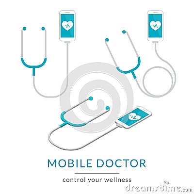 Digital health flat modern illustration of mobile medicine with smartphone and stethoscope Vector Illustration