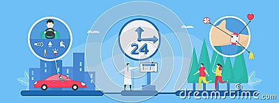 Digital health 24 hours is mix of technologies such as AI, smart car and watch, smartphone to add more efficiency for helping Vector Illustration