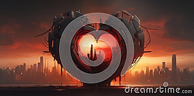 Digital Heart in a Futuristic Post-Apocalyptic Mechanical Design. Generative ai Cartoon Illustration