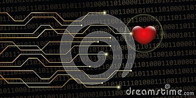 Digital heart on golden binary code background online dating con Vector Illustration