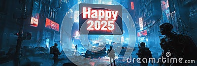 A digital hologram of Happy 2025 hovers above a dark, smog-shrouded dystopian city where people wander among the ruins. Stock Photo