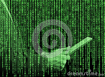 Digital hologram in a matrix style. A person with tablet is browsing some data in the Internet. Stock Photo