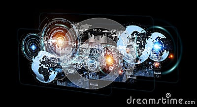 Digital holograms with screens charts and statistics 3D rendering Stock Photo