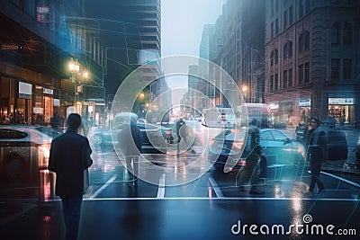 digital holographic background of busy city street, with people and vehicles in motion Stock Photo