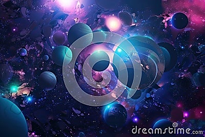 digital holographic background of galaxy, with stars and planets visible Stock Photo