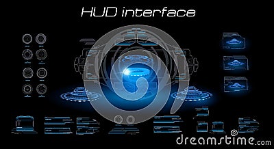 Digital holographic user interface with dashboards, elements and portals. Futuristic cyber interface with HUD elements Vector Illustration