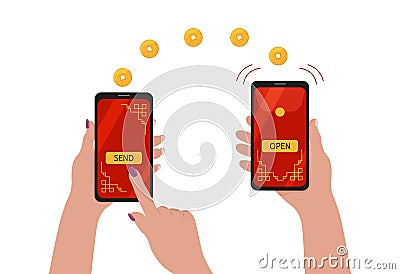 Digital hongbao online mobile transfer. Chinese angpao traditional gift in cellphone. Smartphones in hands of people. Vector flat Vector Illustration