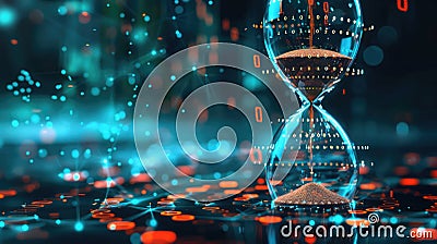 Digital hourglass where falling sand becomes binary code, depicting the ephemeral nature of time in the big data era Stock Photo