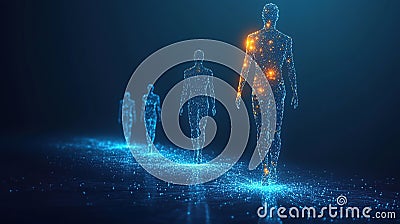 Digital humans walking forward, glowing, future tech background, data visualization Stock Photo