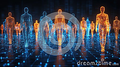 Digital humans walking futuristic grid, data stream background, network visualization Stock Photo