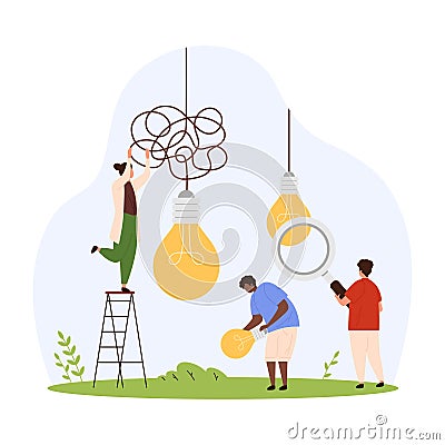 Digital idea research, tiny people unravel tangled wire of hanging glowing light bulb Vector Illustration