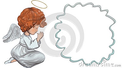 Digital illustration Angel is praying. Red-haired angel prays near the frame. Cartoon Illustration