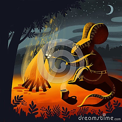 Digital illustration about a bonfire in the hill forest Cartoon Illustration