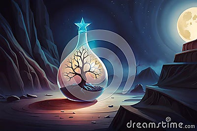 digital illustration of A bottle of magic potion in a dark fantasy forest Cartoon Illustration