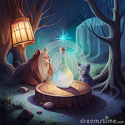 digital illustration of A bottle of magic potion in a dark fantasy forest. magic potion Cartoon Illustration