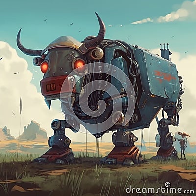 Digital Illustration of Buffalo Robot Cartoon Illustration