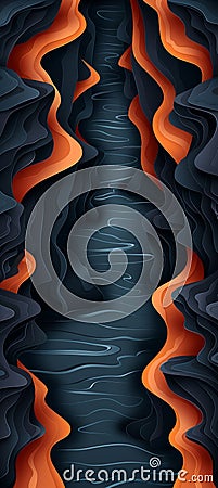 digital illustration of a canyon with a river of molten orange flowing through it. The image is created using a papercut Cartoon Illustration