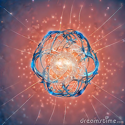 A blue and orange quantum object with light effects. Cartoon Illustration