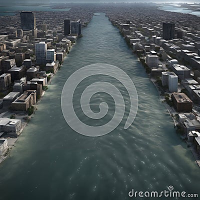 A city flooded by sea level rise. Cartoon Illustration