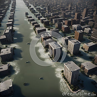A city flooded by sea level rise. Cartoon Illustration