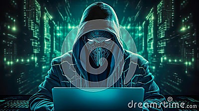 Digital illustration showcasing a masked hacker in hoodie, emphasizing the risks of cybercrime Cartoon Illustration