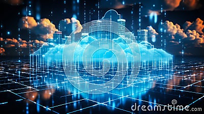 Digital Illustration of Cloud Computing Network with Glowing Blue Clouds and Data Streams on a Futuristic Grid Background, Concept Stock Photo