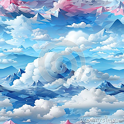 Digital illustration of clouds and mountains in the style of low poly art (tiled) Cartoon Illustration