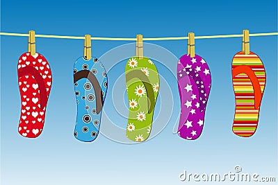 Digital illustration of colorful flip flops with different designs hanging from a laundry wire Cartoon Illustration
