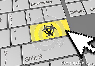 Digital illustration of a computer keyboard with a mouse clicking on a yellow biohazard button Cartoon Illustration