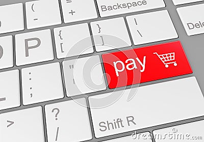Digital illustration of a computer keyboard with a red button for paying for your cart Cartoon Illustration