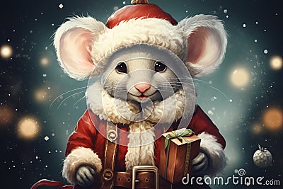Digital illustration of cute mouse wearing Santa Claus Christmas costume on snowy background Cartoon Illustration