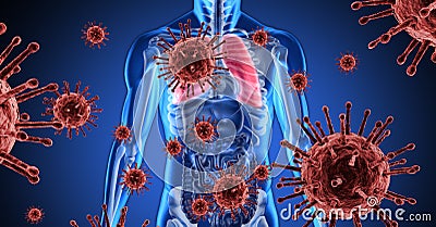 Digital illustration of a 3D human body model over macro Coronavirus Covid-19 cells floating Cartoon Illustration