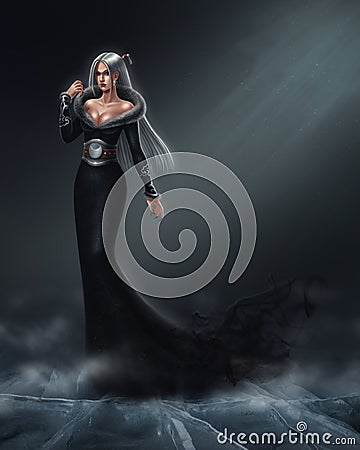 Digital illustration of dark witch in black dress Cartoon Illustration