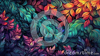 Digital illustration of a dense pattern of stylized leaves in a vibrant gradient of colors, creating a lush and dynamic abstract Cartoon Illustration